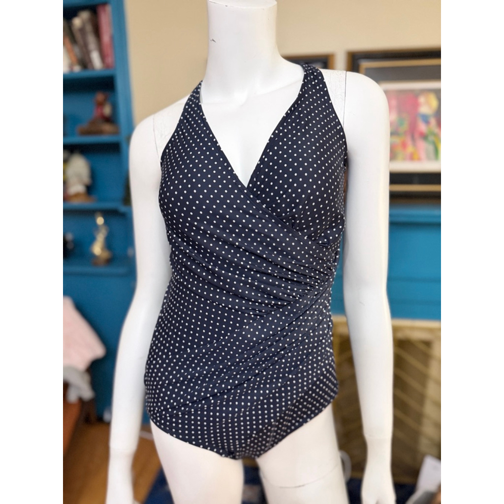 Miraclesuit Navy White Polka Dot One Piece Swimsuit Size 14